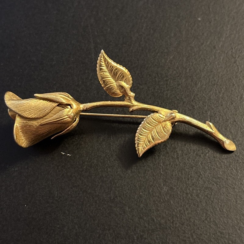 Vintage Gold Tone Half Open Rose With Curved Stem And Leaves Brooch