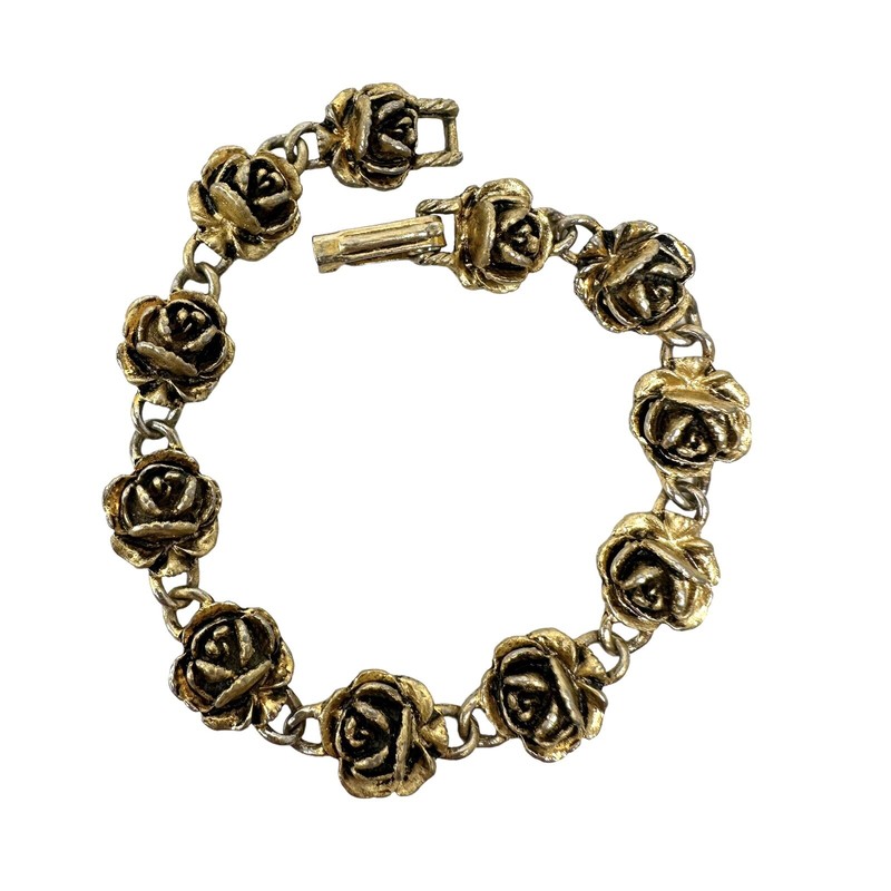 Vintage Gold Tone Dimensional Rose Link Bracelet￼ Fold Over Clasp gallery