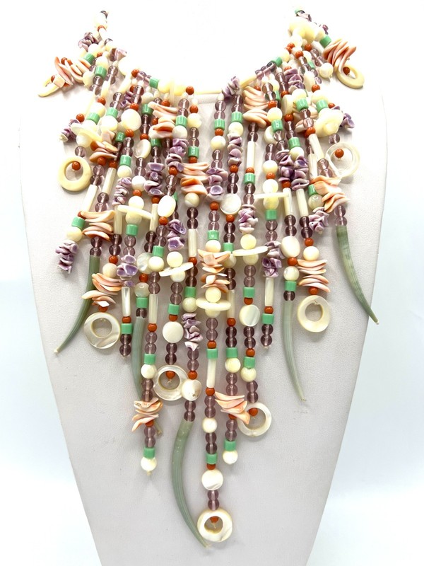 Vtg Runway Bib Necklace Mother of Pearl Amethyst Mineral Beaded Fringe Statement