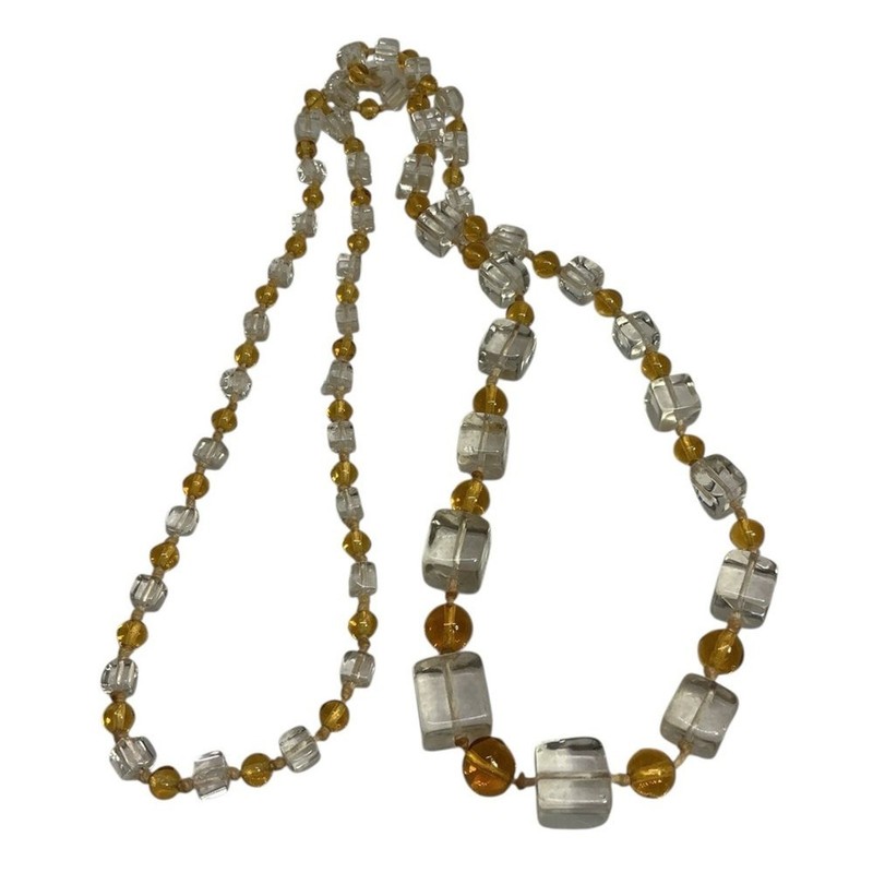 Vintage Czech Glass Necklace Yellow Graduated Cube & Clear Round Bead 36” gallery