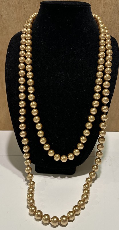 Long Flapper length glass Bead faux pearls Continuous necklace Gold Tone Heavy
