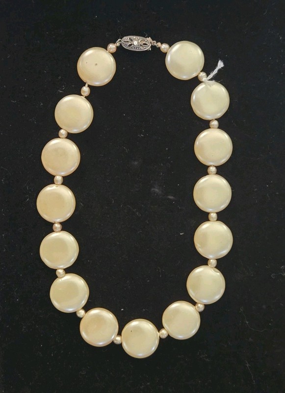 Vintage Faux Pearl Necklace Large Disc Beads Sterling 925 Clasp