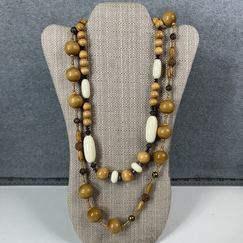 Set of 2 Vintage Chunky Wooden Bead Statement Necklace 24″ 30″ Boho Cream Brown