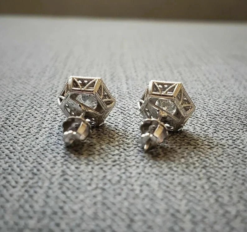 Art Deco Style Round Cut Lab Created Diamond 14K White Gold Finish Stud Earrings gallery