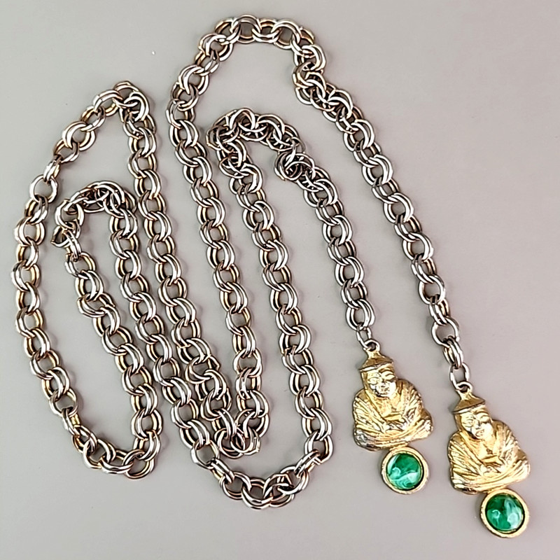 Vintage Lariat Necklace Green Acrylic Multi-tone Double Cable 46" gallery