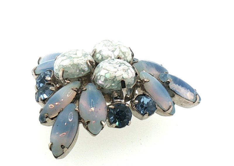 Vintage Baby Blue Moon‑Glow Brooch | Silver‑Tone Retro Mid‑Century