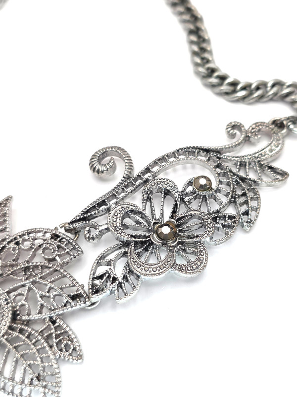 Floral Filigree Statement Necklace Silver Tone Black Rhinestone Bib Choker gallery