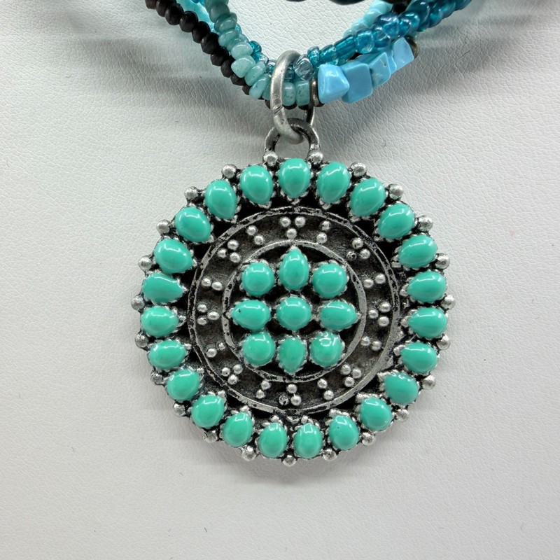 Vintage Southwestern Multi Strand Necklace Turquoise Tone Wood Seed Bead Concho gallery