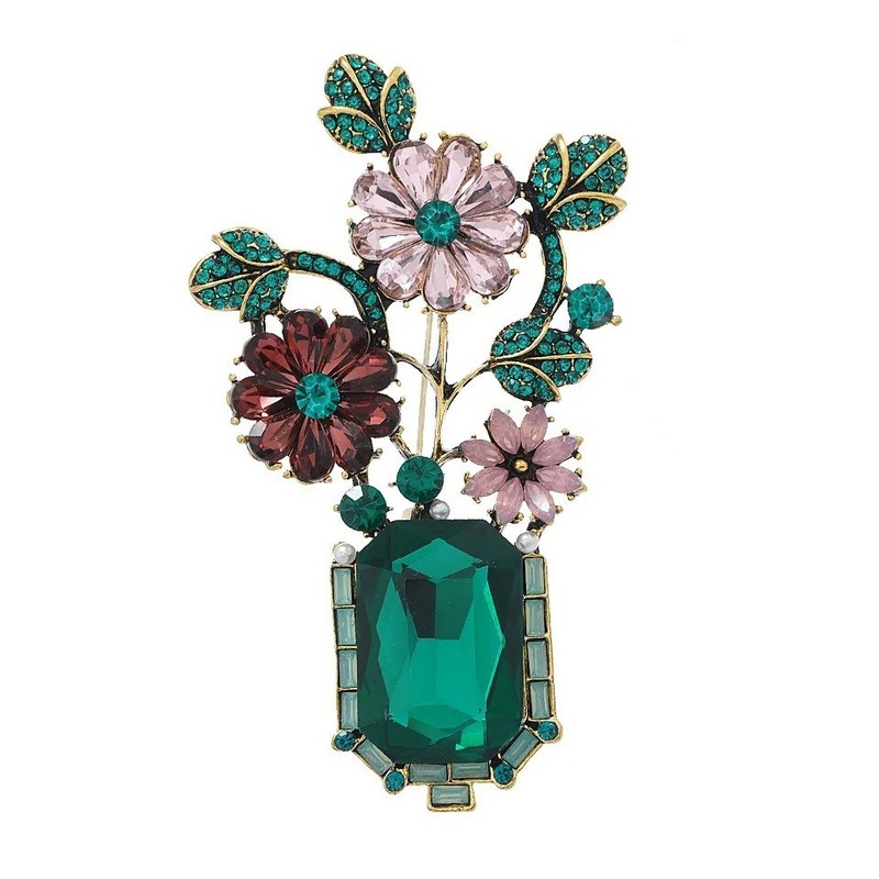 Large Vintage Crystal Rhinestone Flowers in A Green Vase Brooches Pins for Women gallery