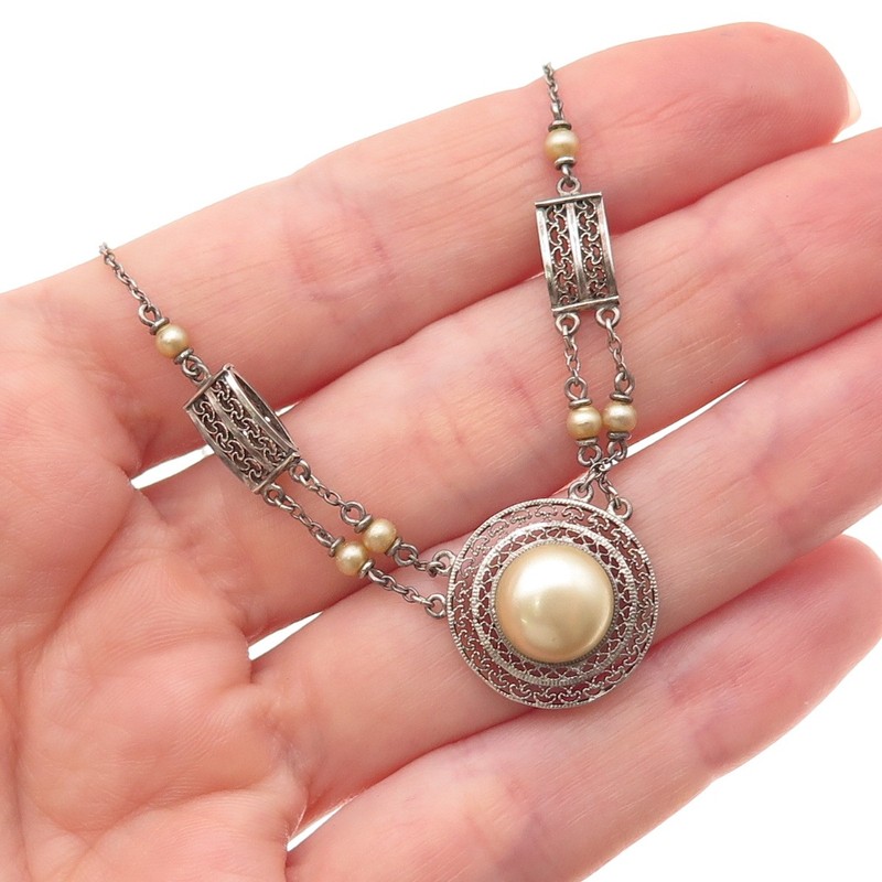 925 Sterling Antique Art Deco Faux Pearl Filigree Cable Chain Necklace 16″