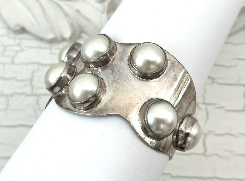 Mexico Southwest Sterling Silver Bracelet Pearl 925 Vintage Signed Modernist 77g gallery