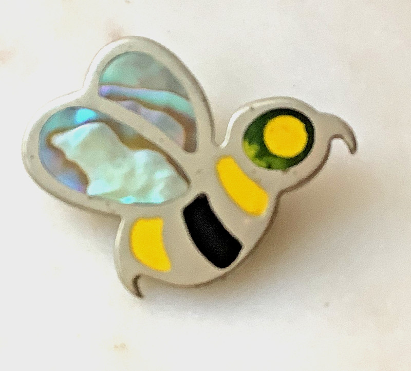 Vintage Enamel Bee Brooch Silver Insect Pin Yellow Black Shell Estate Jewelry gallery