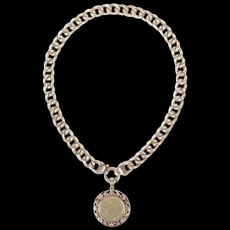 ITAOR Italy 925 Sterling Gold Vermeil 200 Lira Coin Curb Link Pendant Necklace