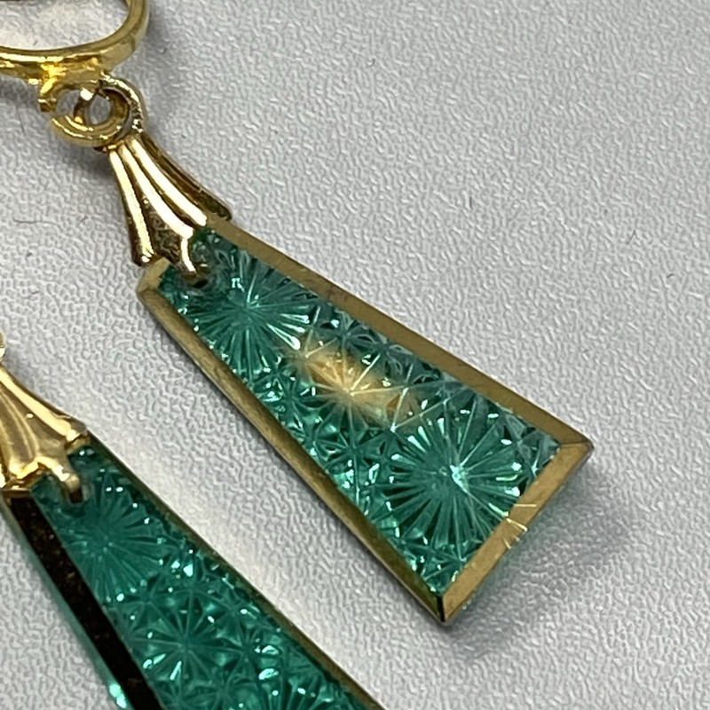 Glass Etched Earrings Aqua Dangle Drop Clip On Gold Tone Etched Transparent gallery