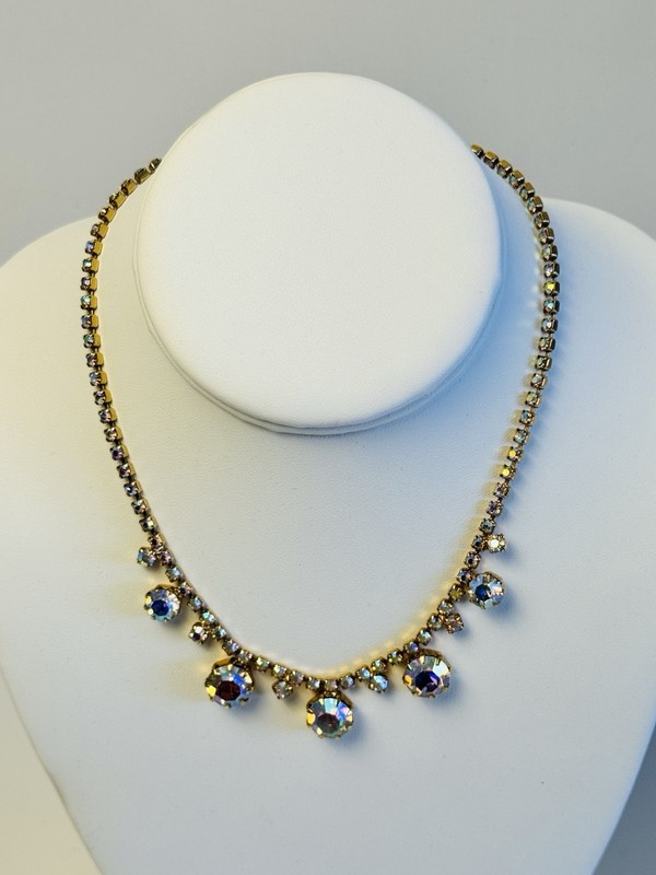 Vintage Rainbow Aurora Borealis Rhinestone Choker Necklace 1950s – 1960s Jewelry
