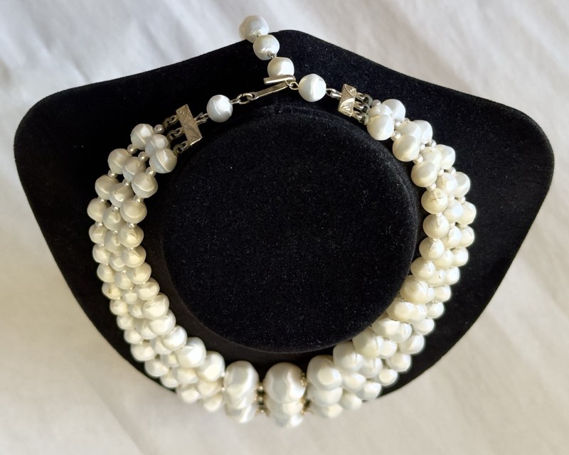 Vtg Faux Baroque Satin Pearl Necklace Spaced Beads Triple Strands Japan 18”-20” gallery