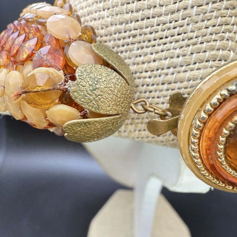 Vintage 18 Strand Amber Brown Toned Disc Beaded Choker Necklace Gold Tone Clasp gallery