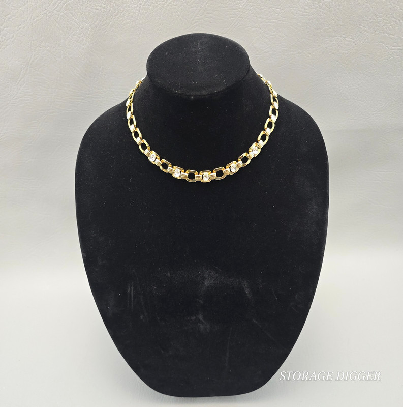 VTG Gold Tone Metal with 5 Rhinestones Link Necklace 17″ Long, Fold-Over Clasp