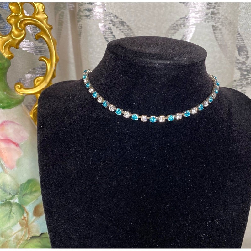 Vintage Blue and White Rhinestone Choker Necklace