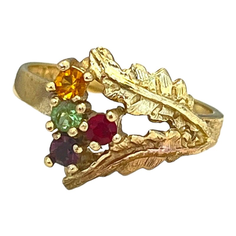 Vintage 1960s Gemstone Cluster Ring Leaf Design Gold Tone Size 6 – 5T