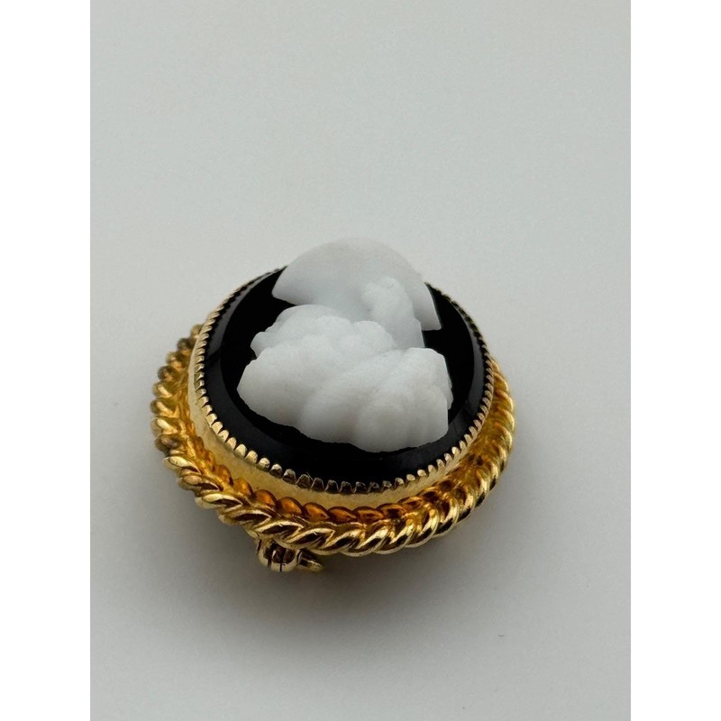 Vintage Carla Molded Cameo Black White Gold Filled GF Brooch Pendant gallery