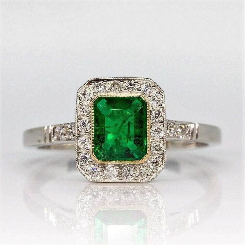 4.25Ct Art Deco Style Halo Lab Created Emerald Engagement 14K White Gold FN Ring