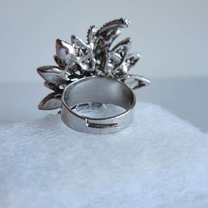 Adjustable Silver Tone Floral Rhinestone Statement Ring Smoky Crystal gallery