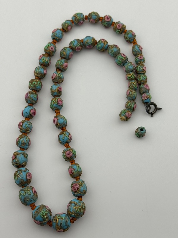 Antique Blue Venetian Glass Wedding Cake Bead Beaded Necklace READ