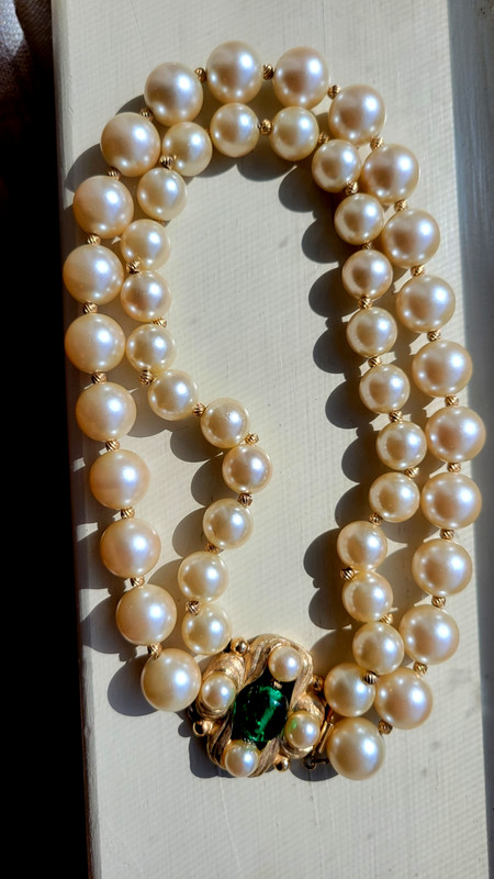 Vintage Napier 2 strand pearl choker necklace with large fancy rhinestones clasp