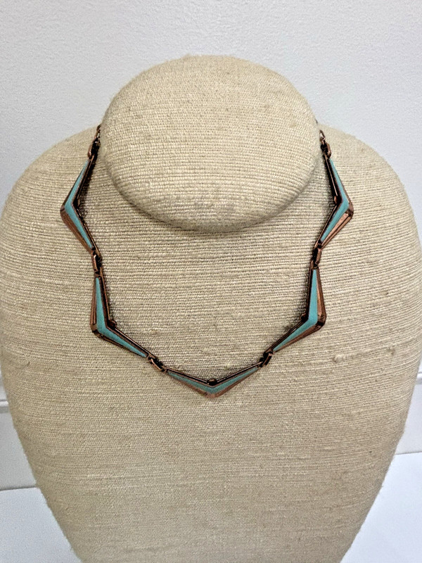 Vtg Matisse Renoir Copper Turquoise Enamel Geometric Necklace Clip On Earrings gallery