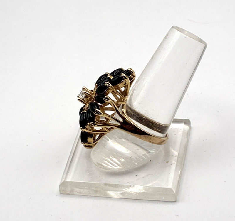 Vintage ONYX & CZ Sterling Vermeil Ring-Sz 8-925+Hallmarks-Marquis Cabochons gallery