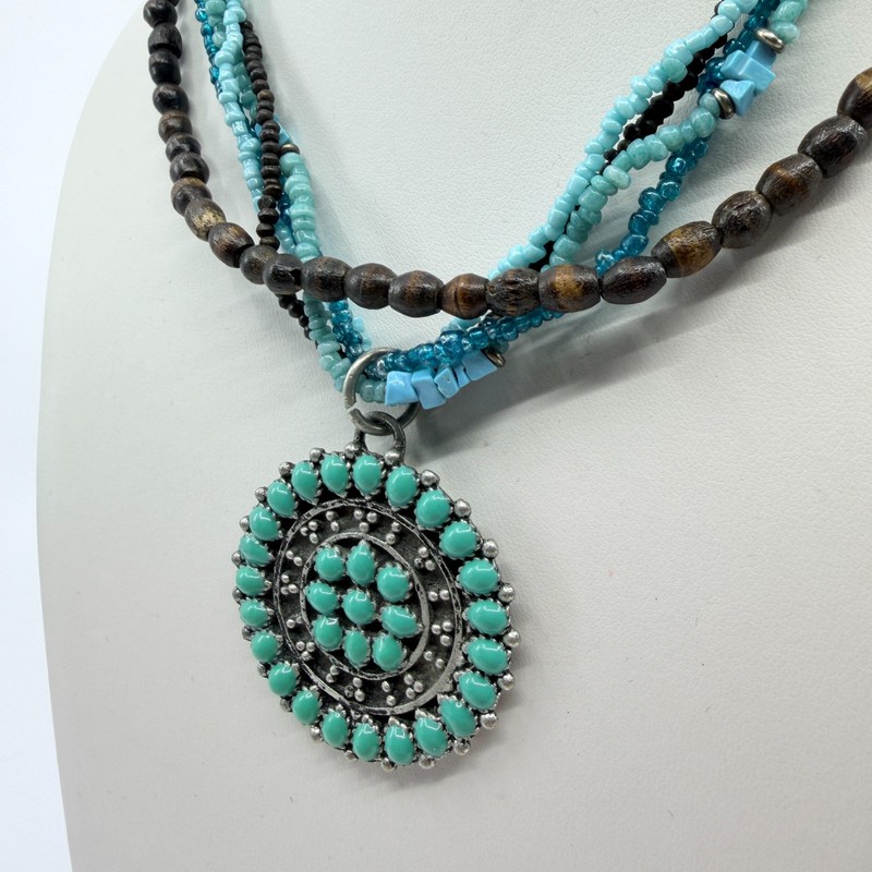 Vintage Southwestern Multi Strand Necklace Turquoise Tone Wood Seed Bead Concho gallery