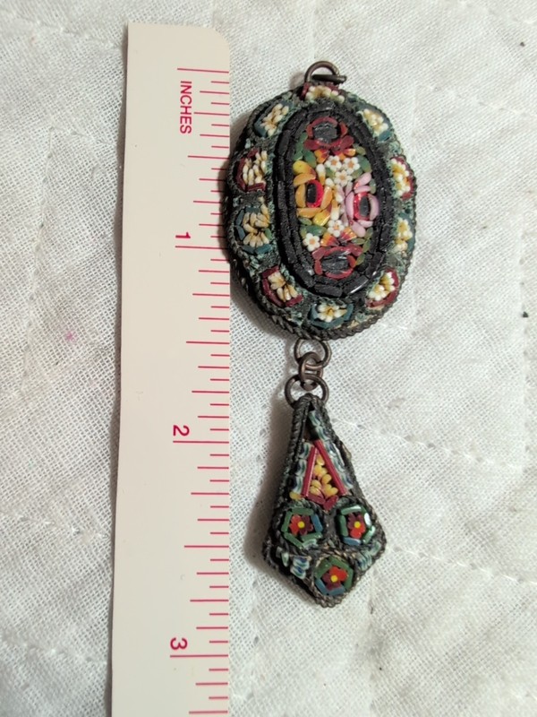 Micro Mosaic Pendant With 1-1 Inch Drop. Measures 2 3/4 In Has Verdigris