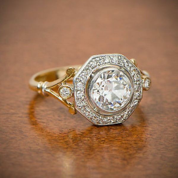 2.90CT Lab Created Diamond Vintage Octagon Halo Bezel Ring 14K Two-Tone Gold FN