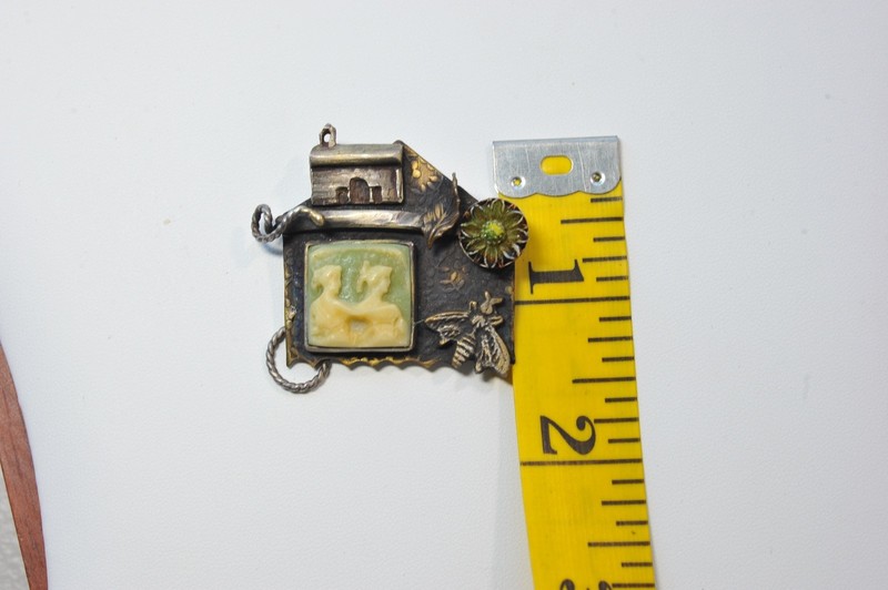 Vtg BROOCH Artisan signed unique flower bug bee cameo - interesting piece gallery