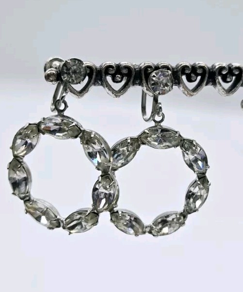 Crystal Dangle Drop Clip On Earring Silver Tone Circle Wedding Bridal 1.5 in #Q