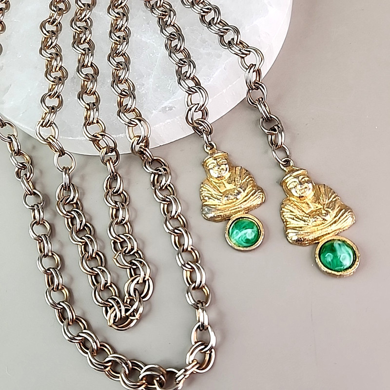 Vintage Lariat Necklace Green Acrylic Multi-tone Double Cable 46″