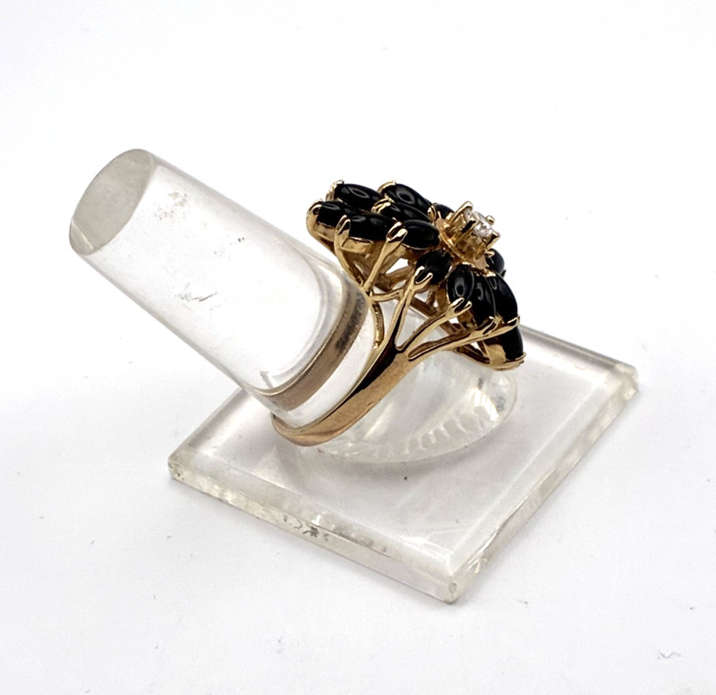 Vintage ONYX & CZ Sterling Vermeil Ring-Sz 8-925+Hallmarks-Marquis Cabochons gallery