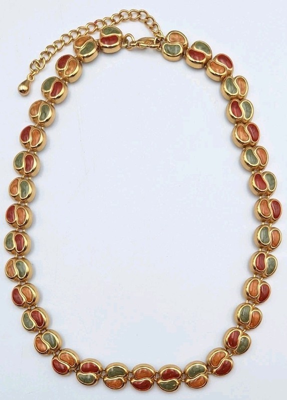 VTG Goldtone Multicolor Enamel Inlay Link Collar Necklace Paisley Shaped 18″-21″