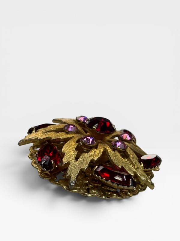 Ruby Red Pink Crystal Floral Brooch Gold Tone Layered Vintage 60s gallery