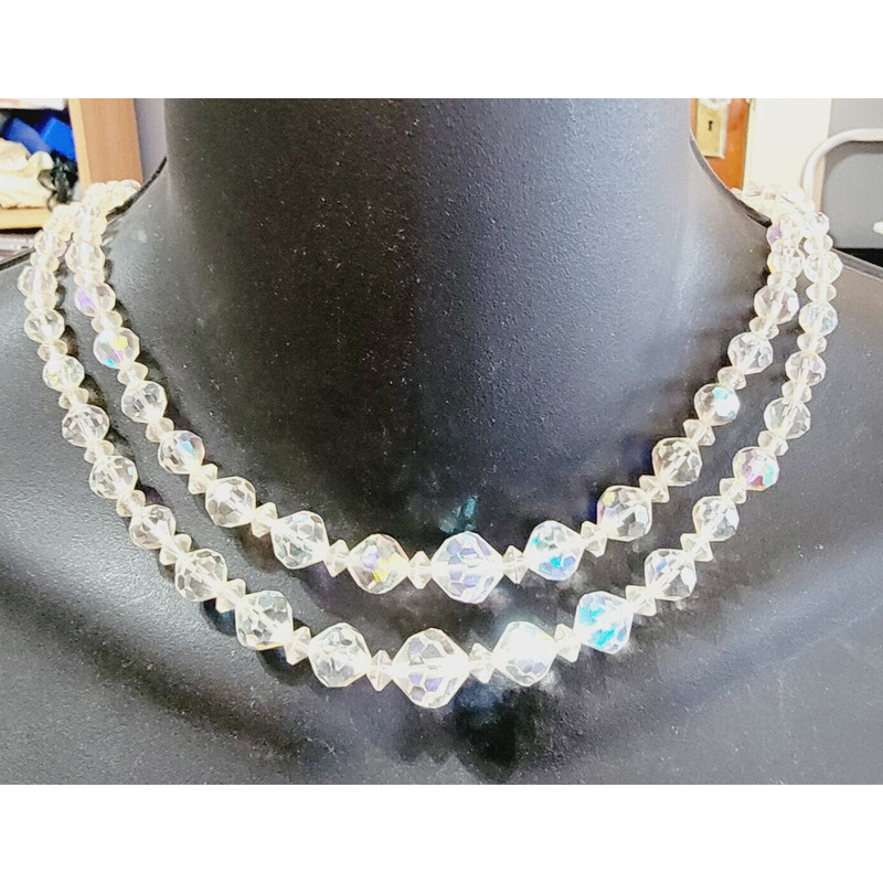 Vintage Glass Necklace, 2 Strands Faceted Graduated Beads Mid-century wh02-10 gallery