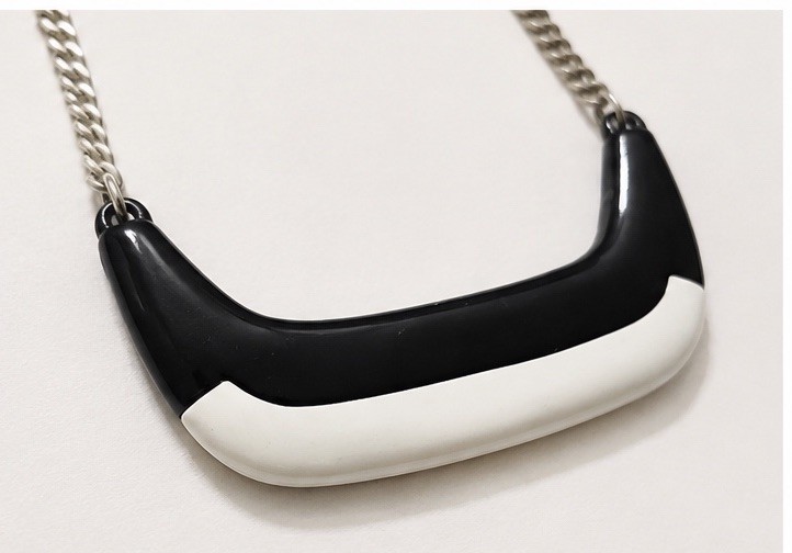 Vintage Black White Mod Statement Necklace Geometric Pendant Silver Tone Chain gallery