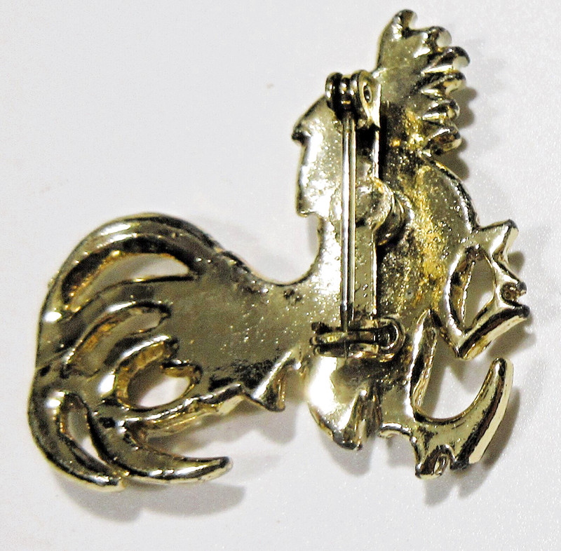 Vtg ROOSTER HEN Brooch Pin off white gold tone metal Enamel wear bling missing gallery
