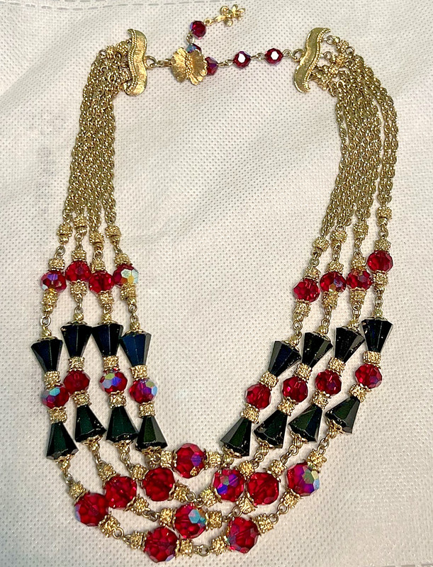 Vintage Signed VENDOME 4-Strand Ruby Red Black Crystal Bib Choker Necklace 17″