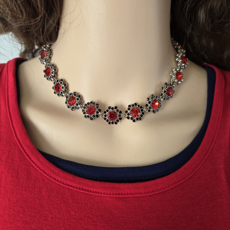 Simulated Red Statement Choker, Rhinestone Silver Tone Necklace gallery
