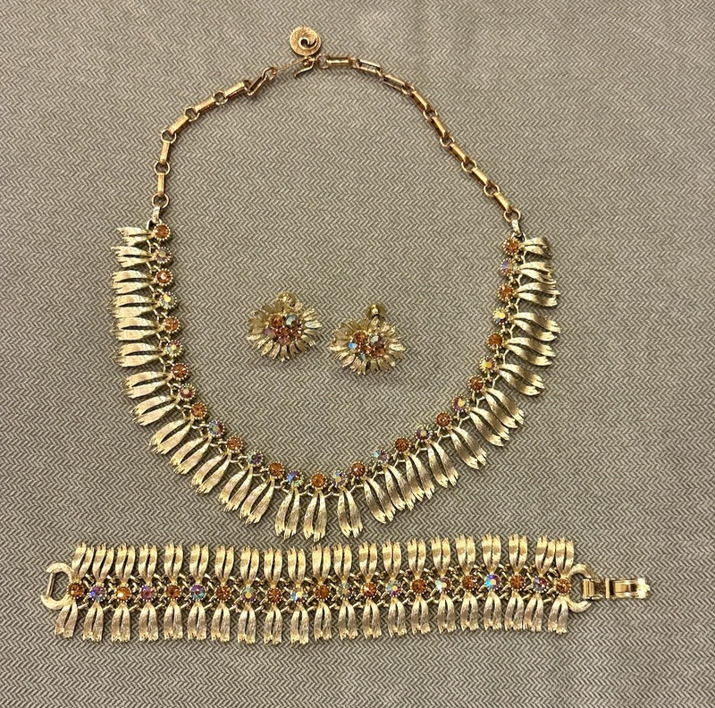 Vintage Liner signed Necklace Bracelet Earrings Set Rhinestones Tassel Fringe
