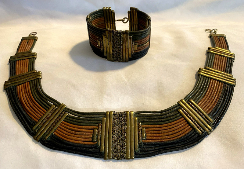 VTG Alexis Kirk 70’s Egyptian Style Tribal Leather & Metal Necklace & Bracelet gallery