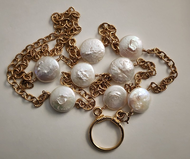 Vintage 1/20 14K Gold Filled Coin Pearl Station Necklace Charm Enhancer Ring 26″
