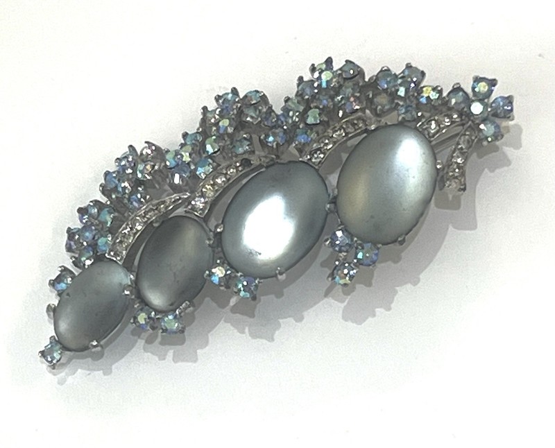Jomaz Blue AB Stones & Frosted Oval Cabochons Brooch Signed