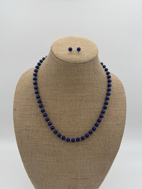 VTG Lapis Lazuli Gemstone Bead Necklace 23” Matching Stud Earrings